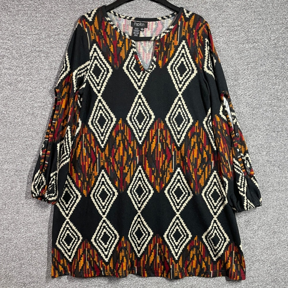 Papillon Dress Womens L Geometric Diamond Ikat Split Sleeve Tunic Top Mini Large